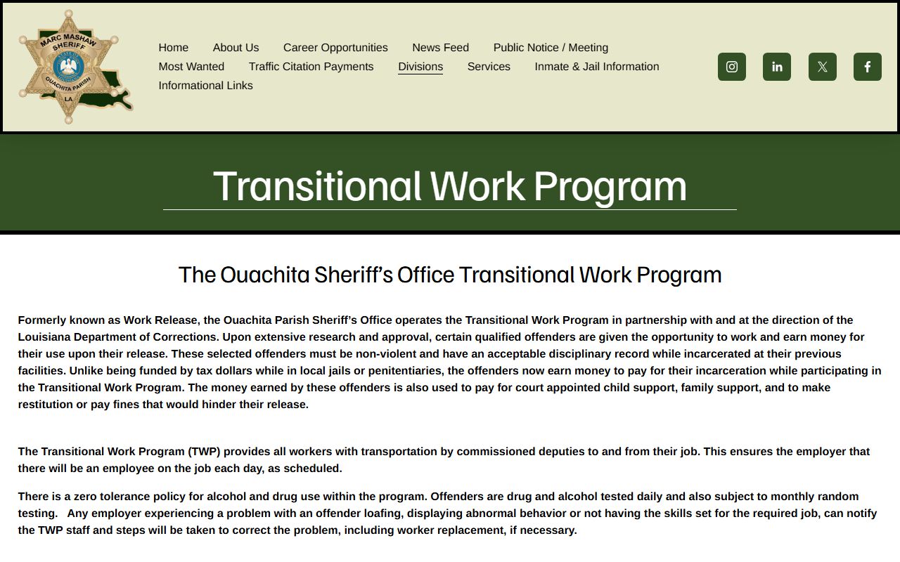 OPSO Transitional Work Program page with eligibility and employer information