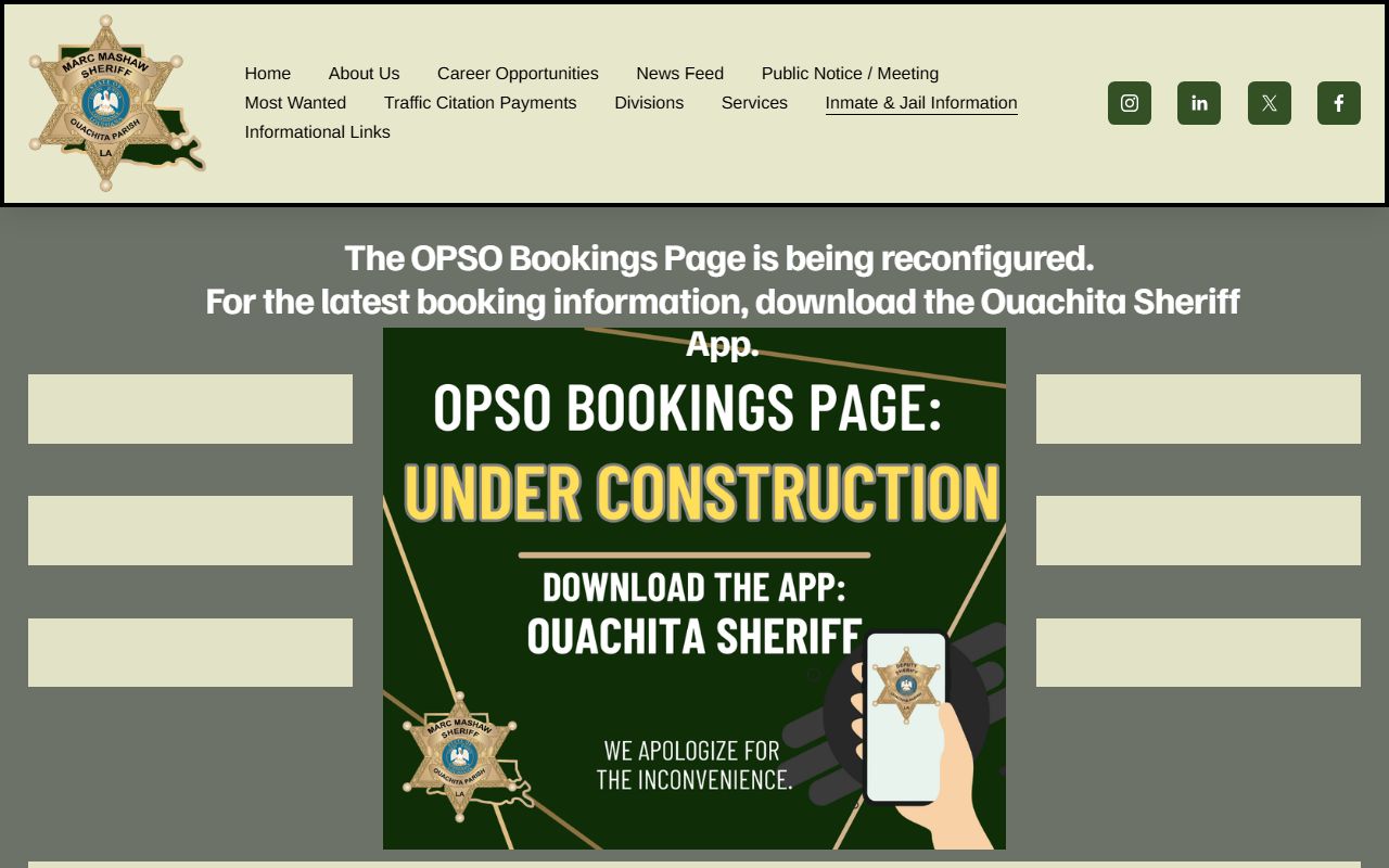 Ouachita Parish inmate search app booking notice from OPSO