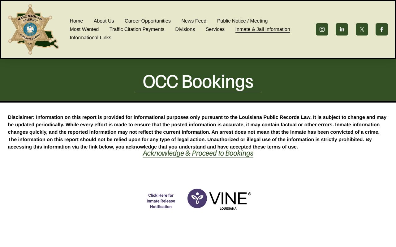 OPSO bookings acknowledgement page for Ouachita Parish