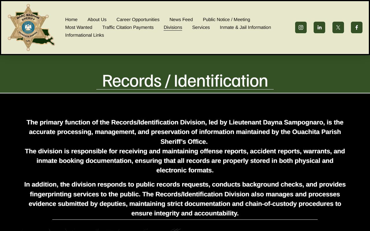 OPSO Records Identification Division page for records and booking documentation