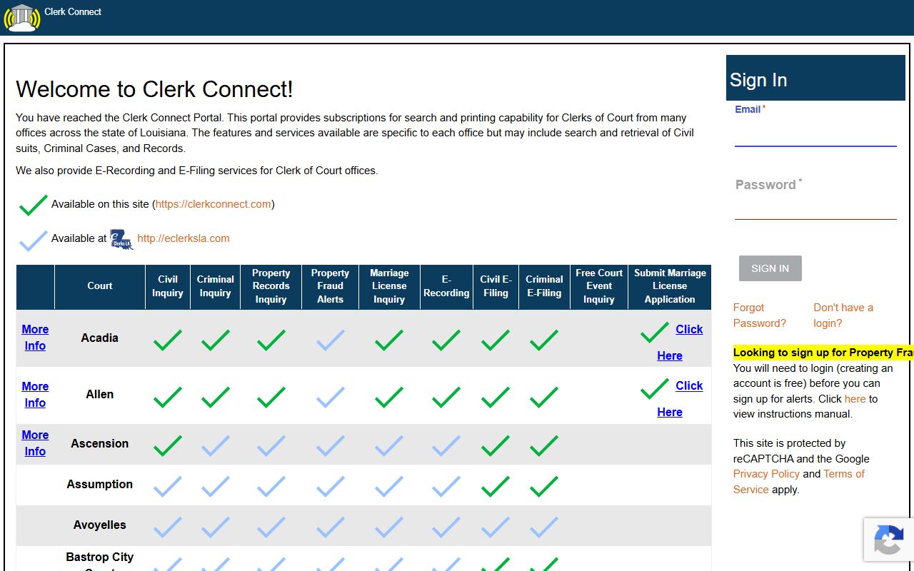 Clerk Connect portal for Louisiana clerk record inquiry