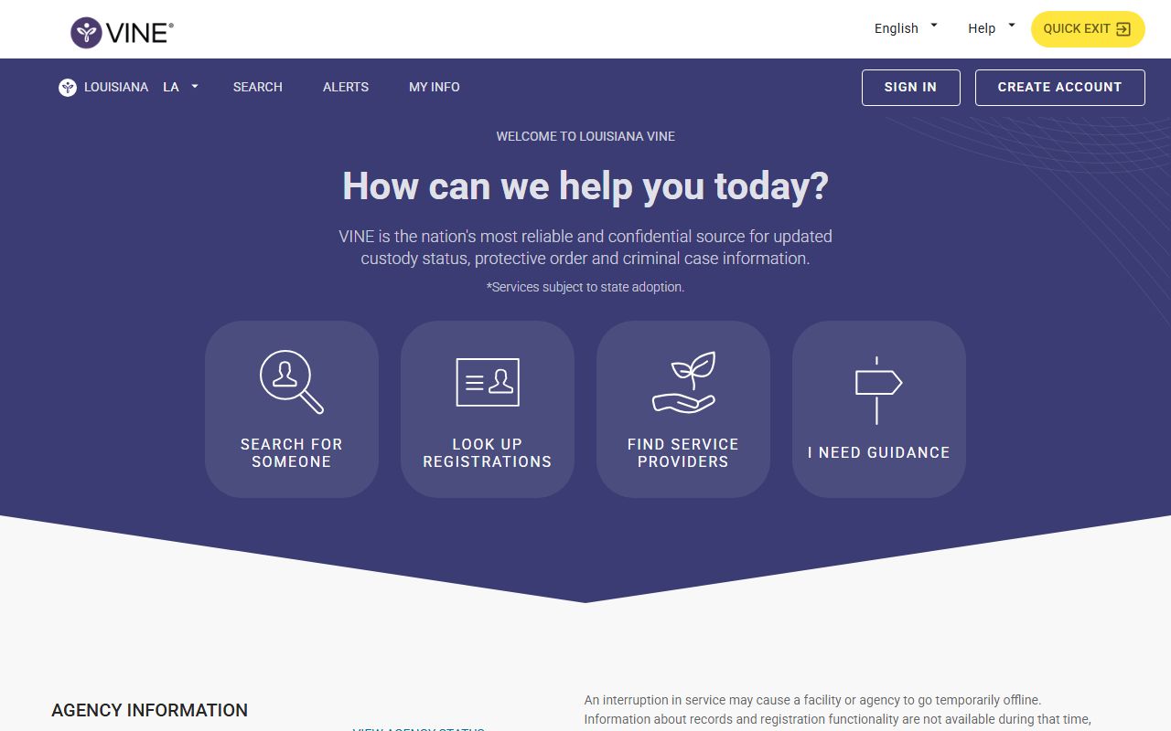 Louisiana VINELink custody notification page